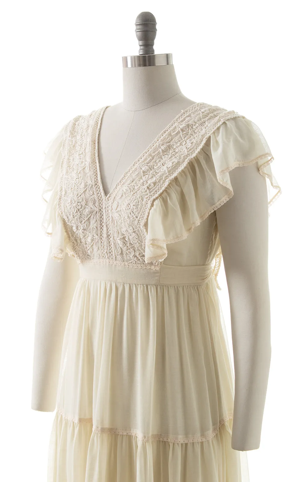 1970s Floral Crochet & Ruffled Maxi Dress | small