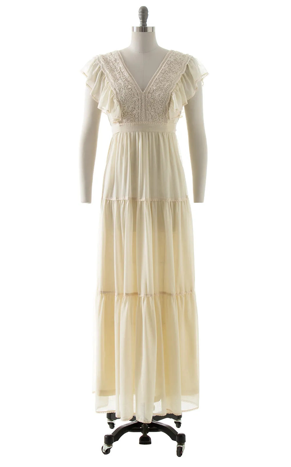 1970s Floral Crochet & Ruffled Maxi Dress | small