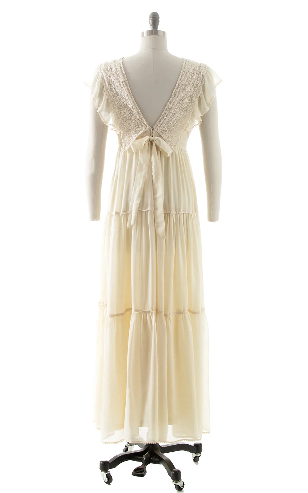 1970s Floral Crochet & Ruffled Maxi Dress | small