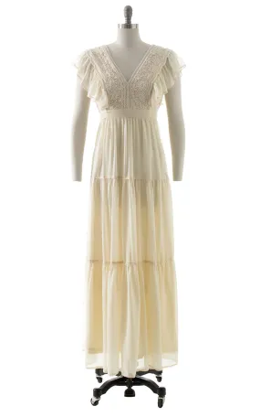 1970s Floral Crochet & Ruffled Maxi Dress | small