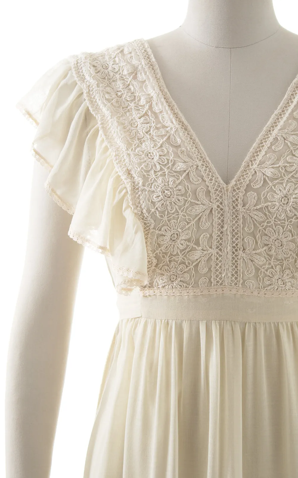 1970s Floral Crochet & Ruffled Maxi Dress | small