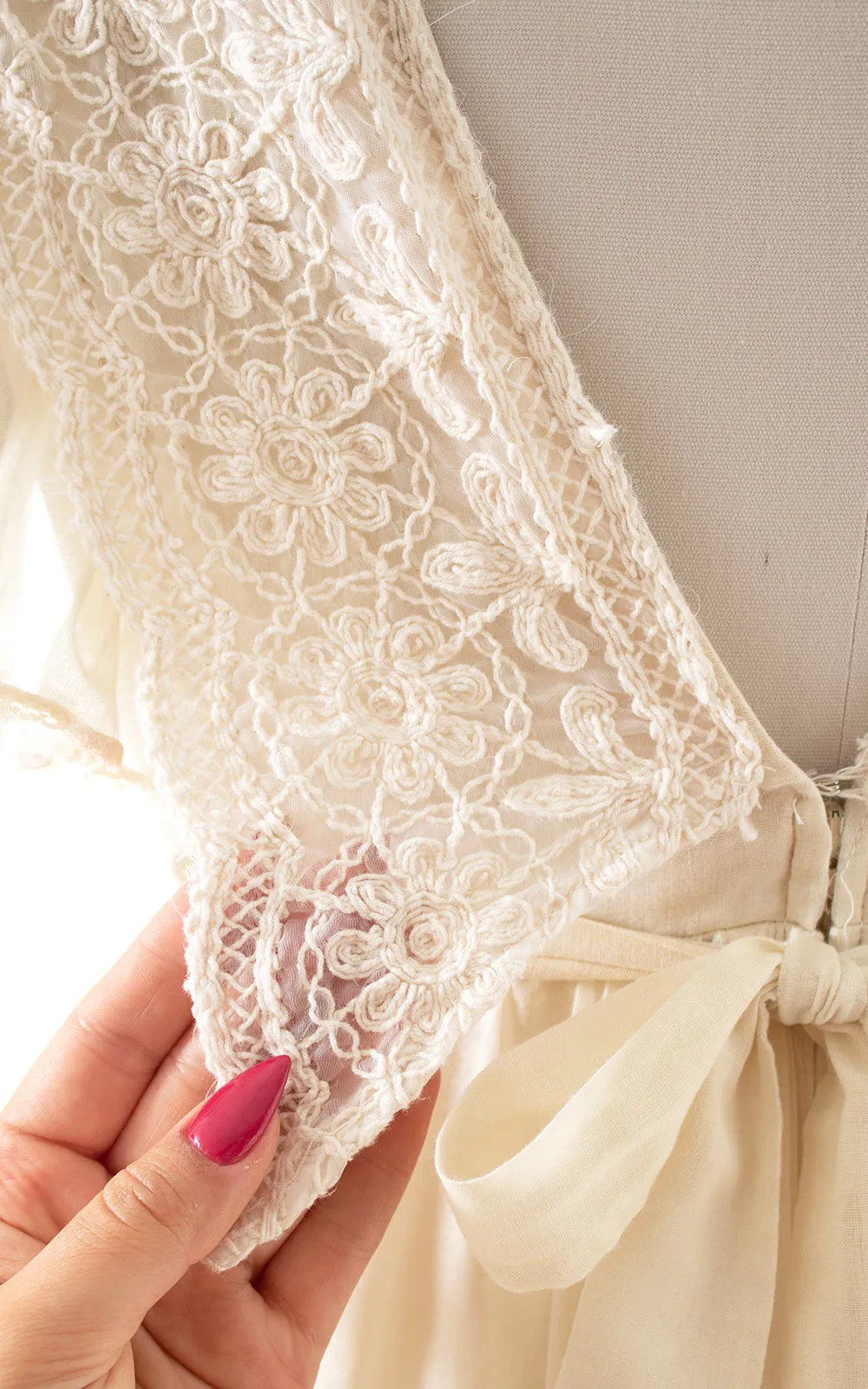 1970s Floral Crochet & Ruffled Maxi Dress | small