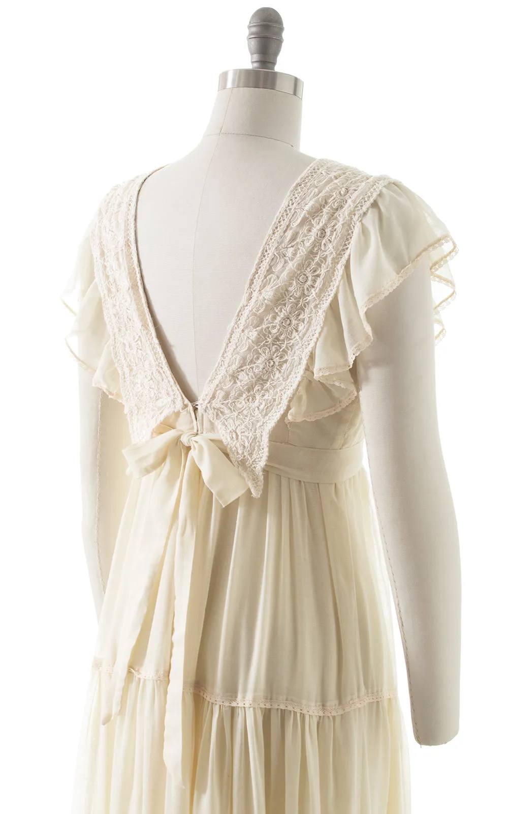 1970s Floral Crochet & Ruffled Maxi Dress | small
