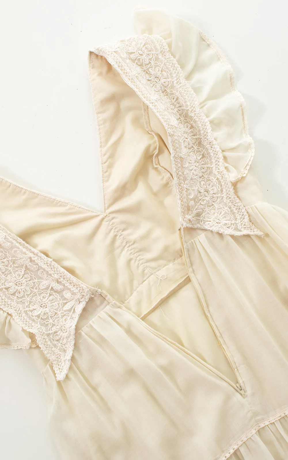1970s Floral Crochet & Ruffled Maxi Dress | small