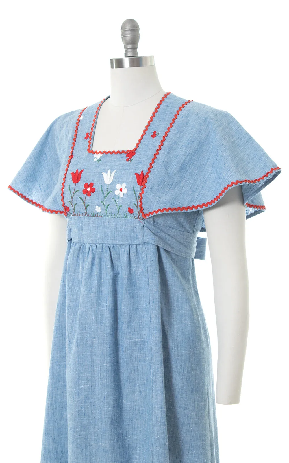 1970s Floral Embroidered Chambray Flutter Sleeve Maxi Dress | small