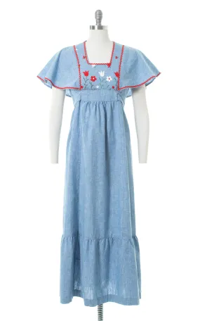 1970s Floral Embroidered Chambray Flutter Sleeve Maxi Dress | small