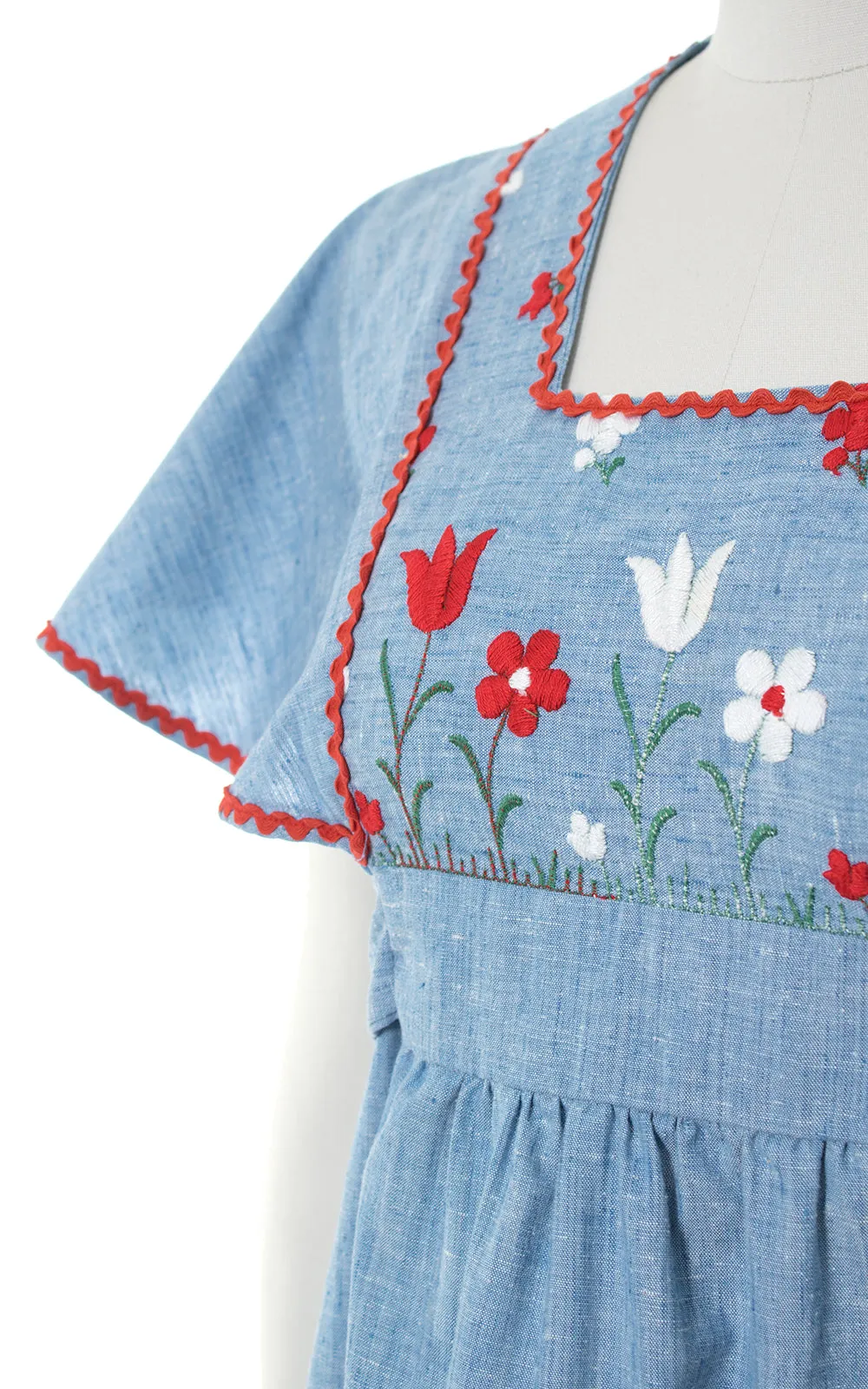 1970s Floral Embroidered Chambray Flutter Sleeve Maxi Dress | small