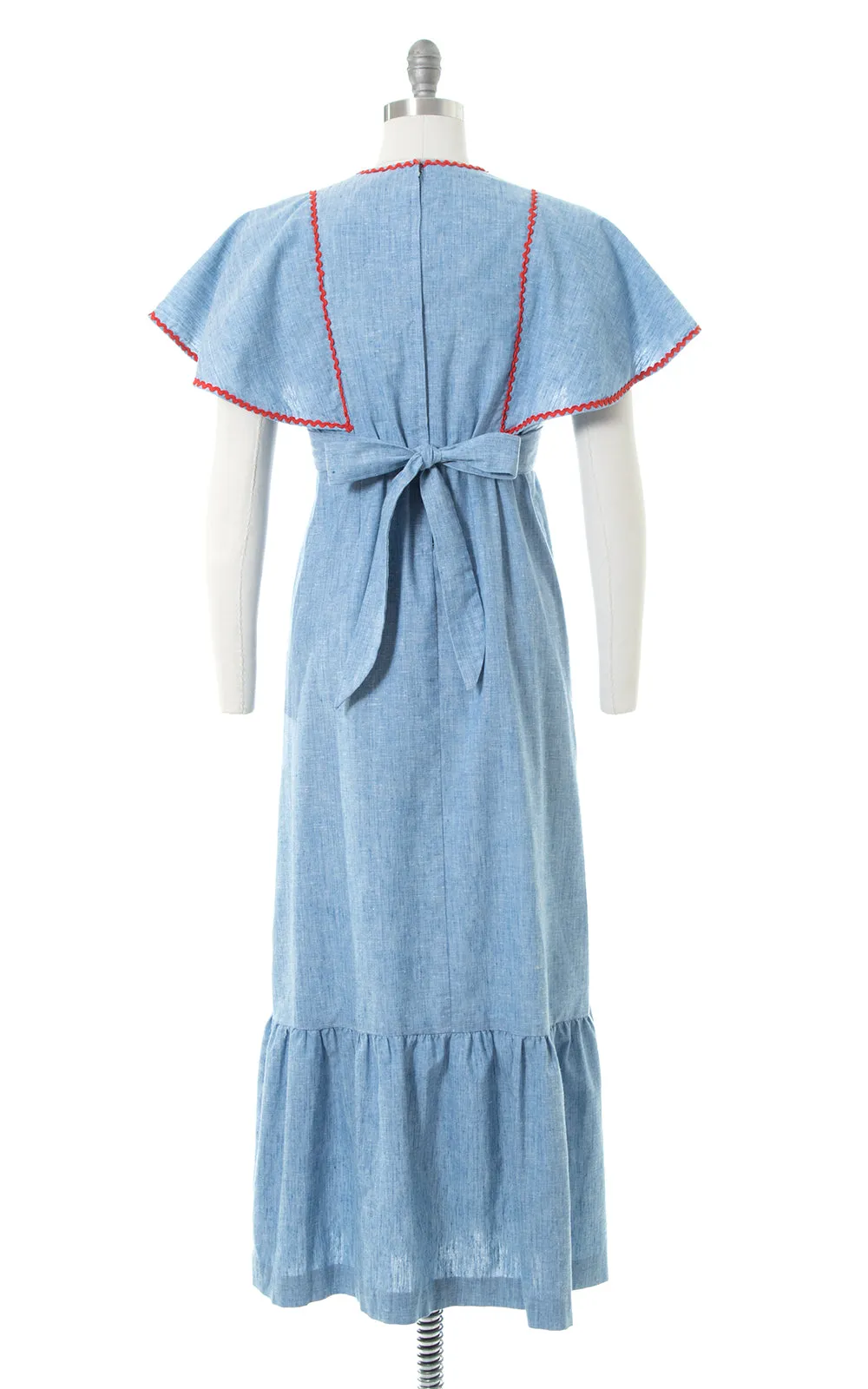 1970s Floral Embroidered Chambray Flutter Sleeve Maxi Dress | small