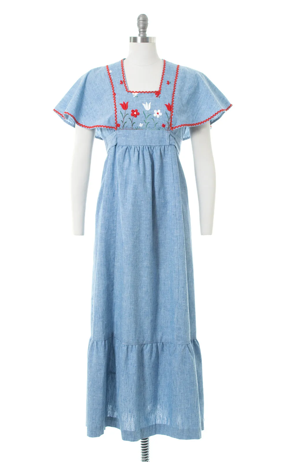 1970s Floral Embroidered Chambray Flutter Sleeve Maxi Dress | small