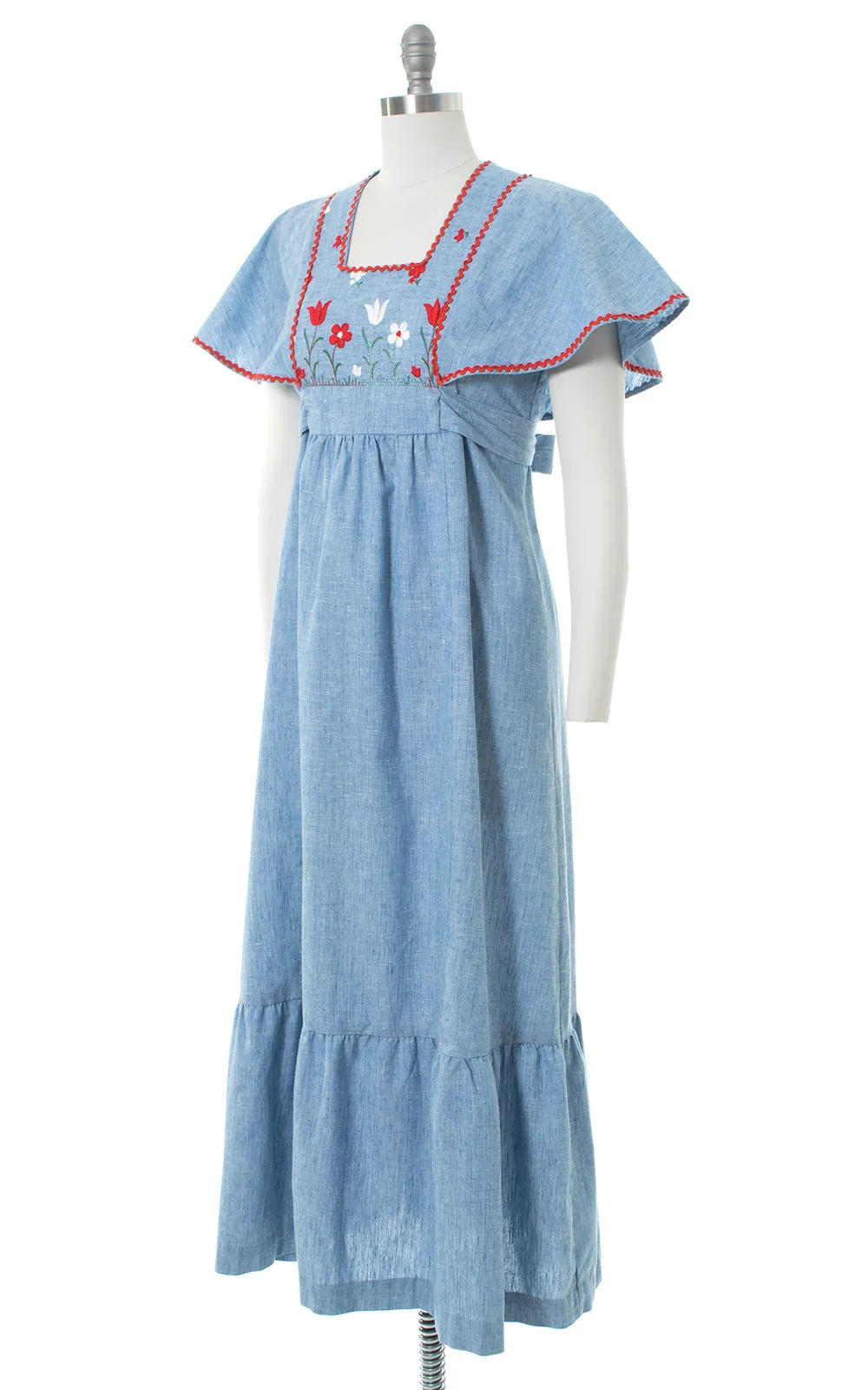 1970s Floral Embroidered Chambray Flutter Sleeve Maxi Dress | small