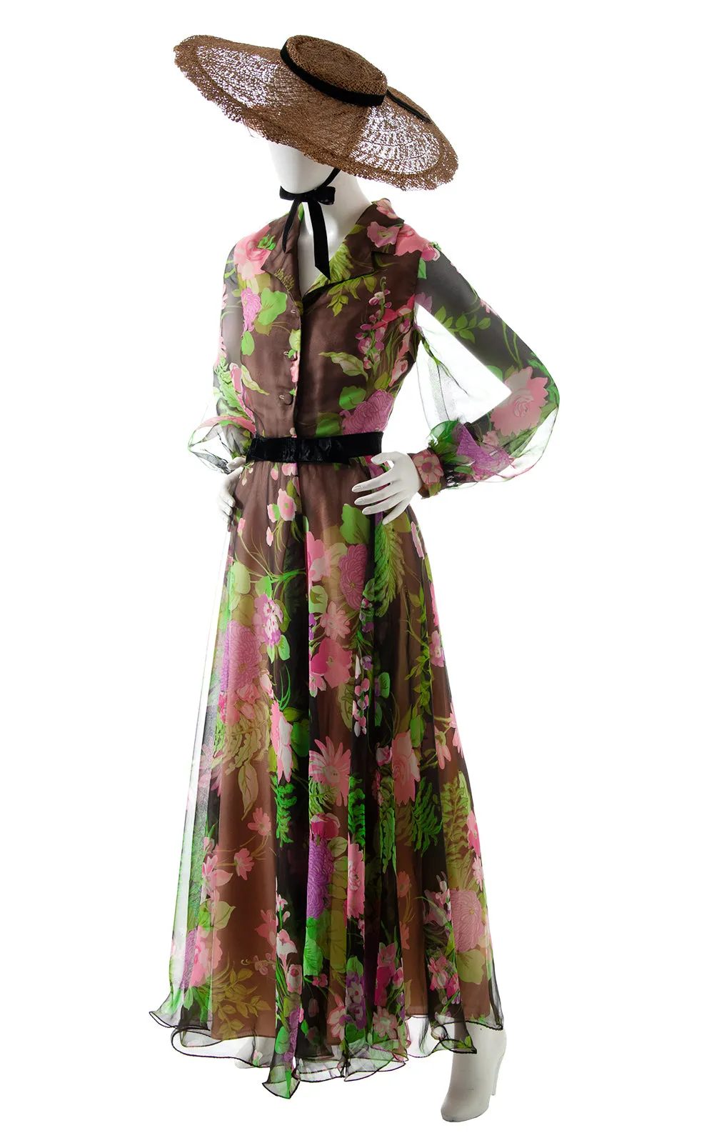 1970s Floral Fern Chiffon Balloon Sleeve Maxi Dress | medium