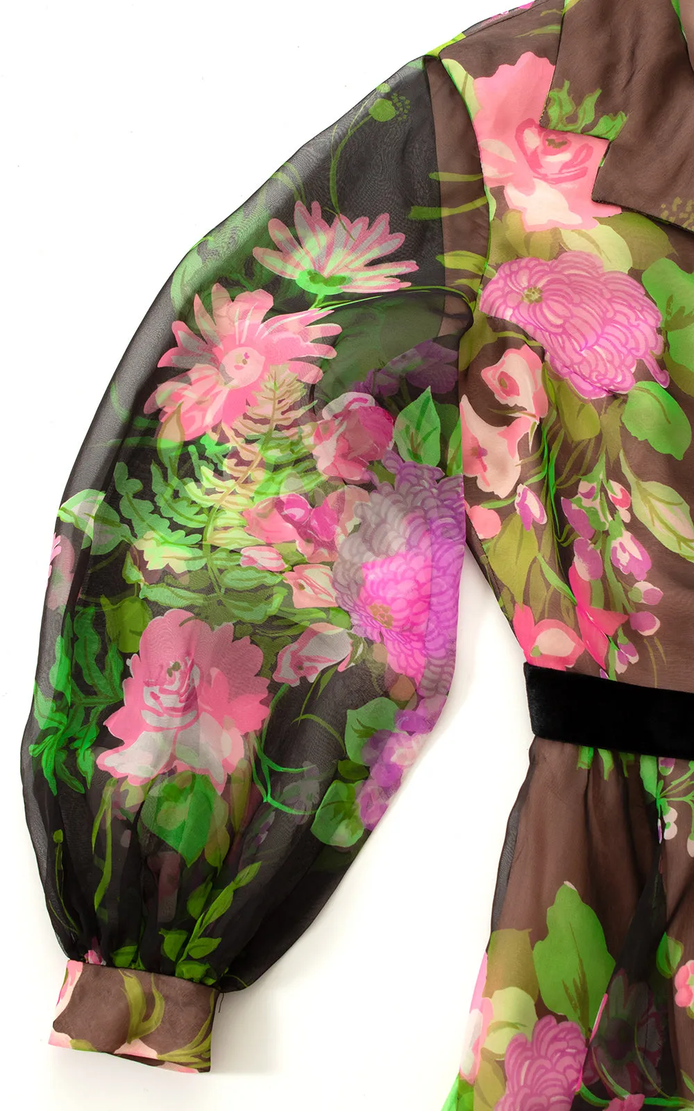 1970s Floral Fern Chiffon Balloon Sleeve Maxi Dress | medium