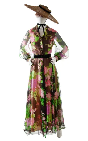1970s Floral Fern Chiffon Balloon Sleeve Maxi Dress | medium