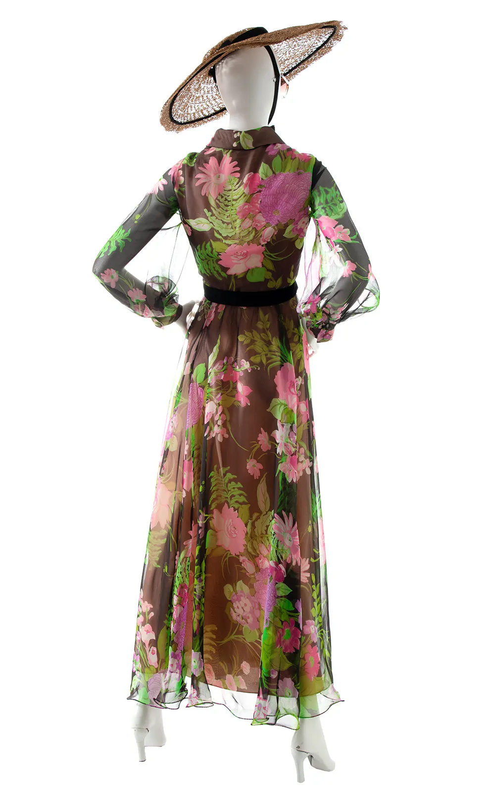 1970s Floral Fern Chiffon Balloon Sleeve Maxi Dress | medium