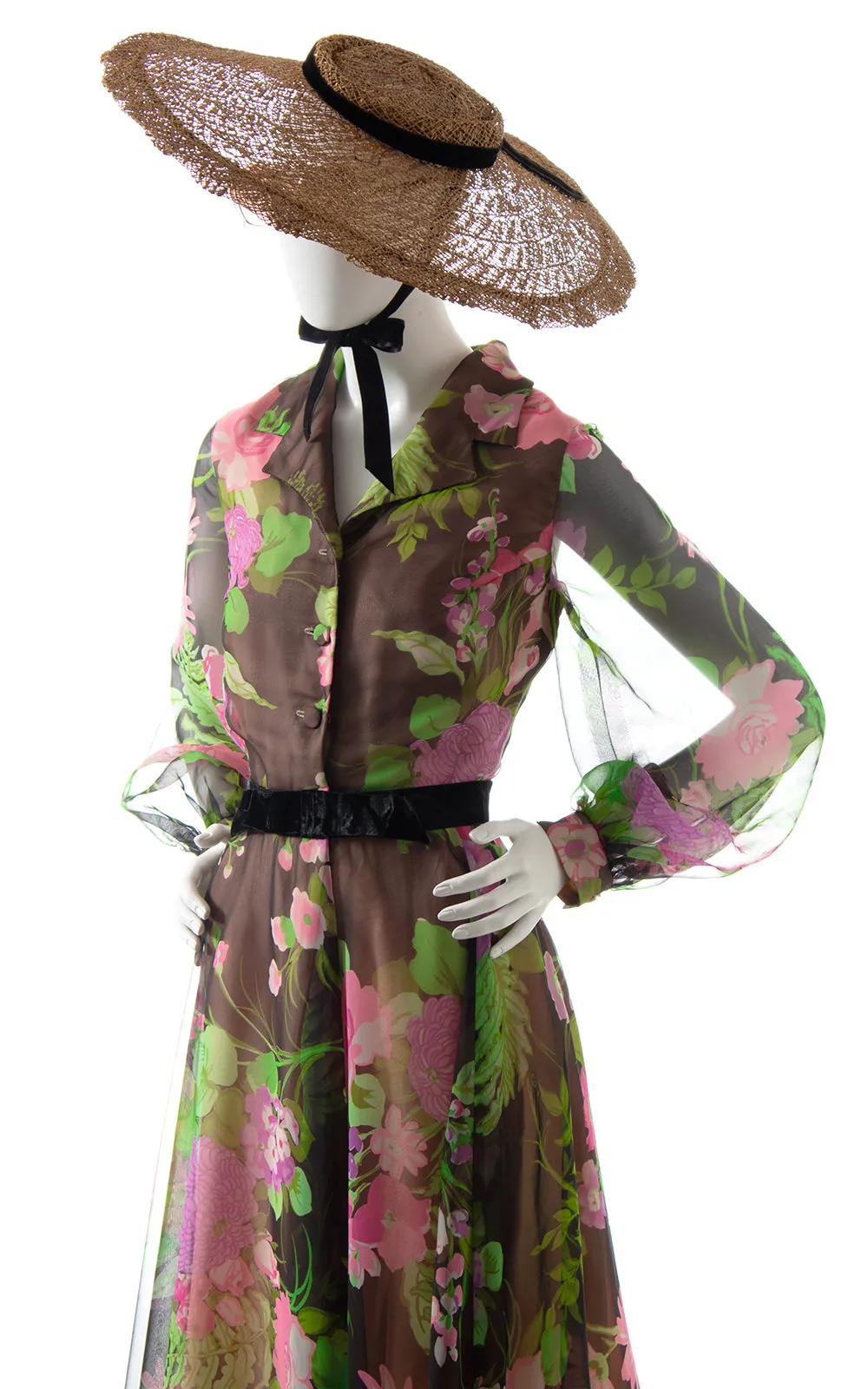1970s Floral Fern Chiffon Balloon Sleeve Maxi Dress | medium