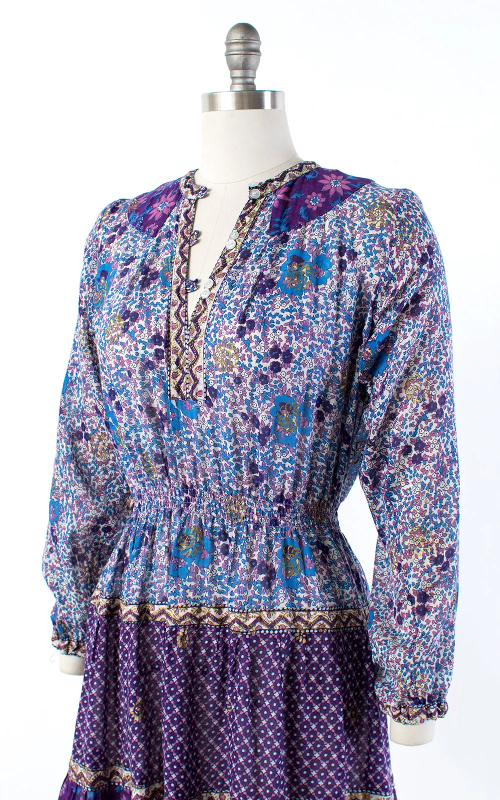 1970s Indian Cotton Gauze Purple Floral Midi Dress | small