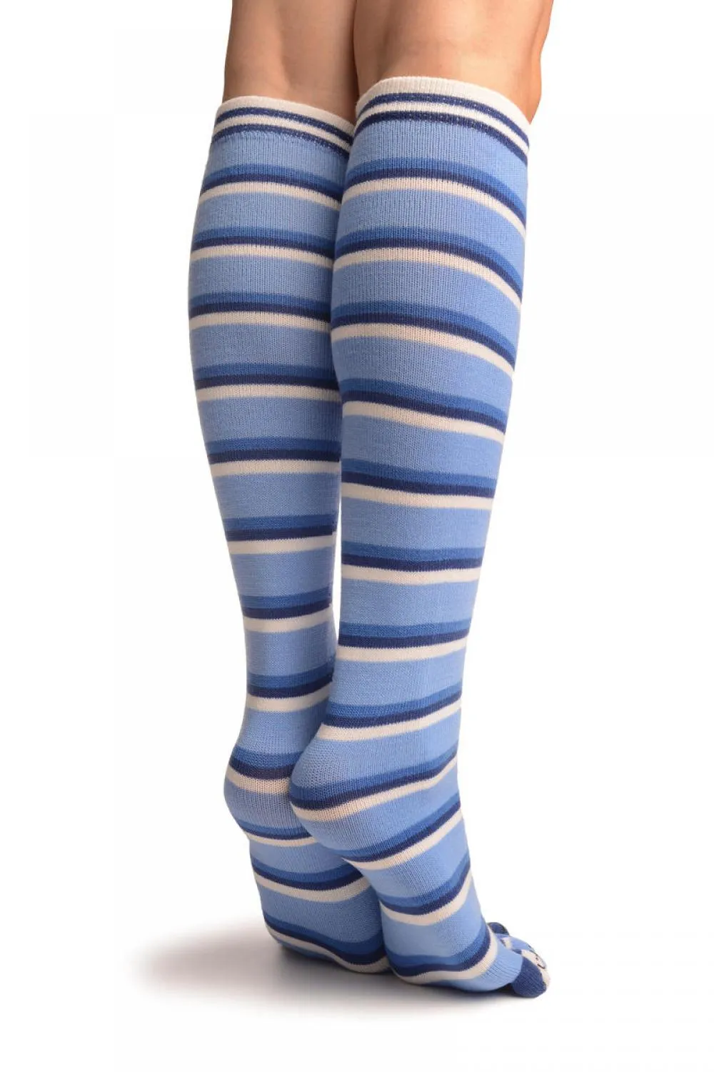 Blue & Dark Blue Stripes & Printed Smiles Knee High Toe Socks