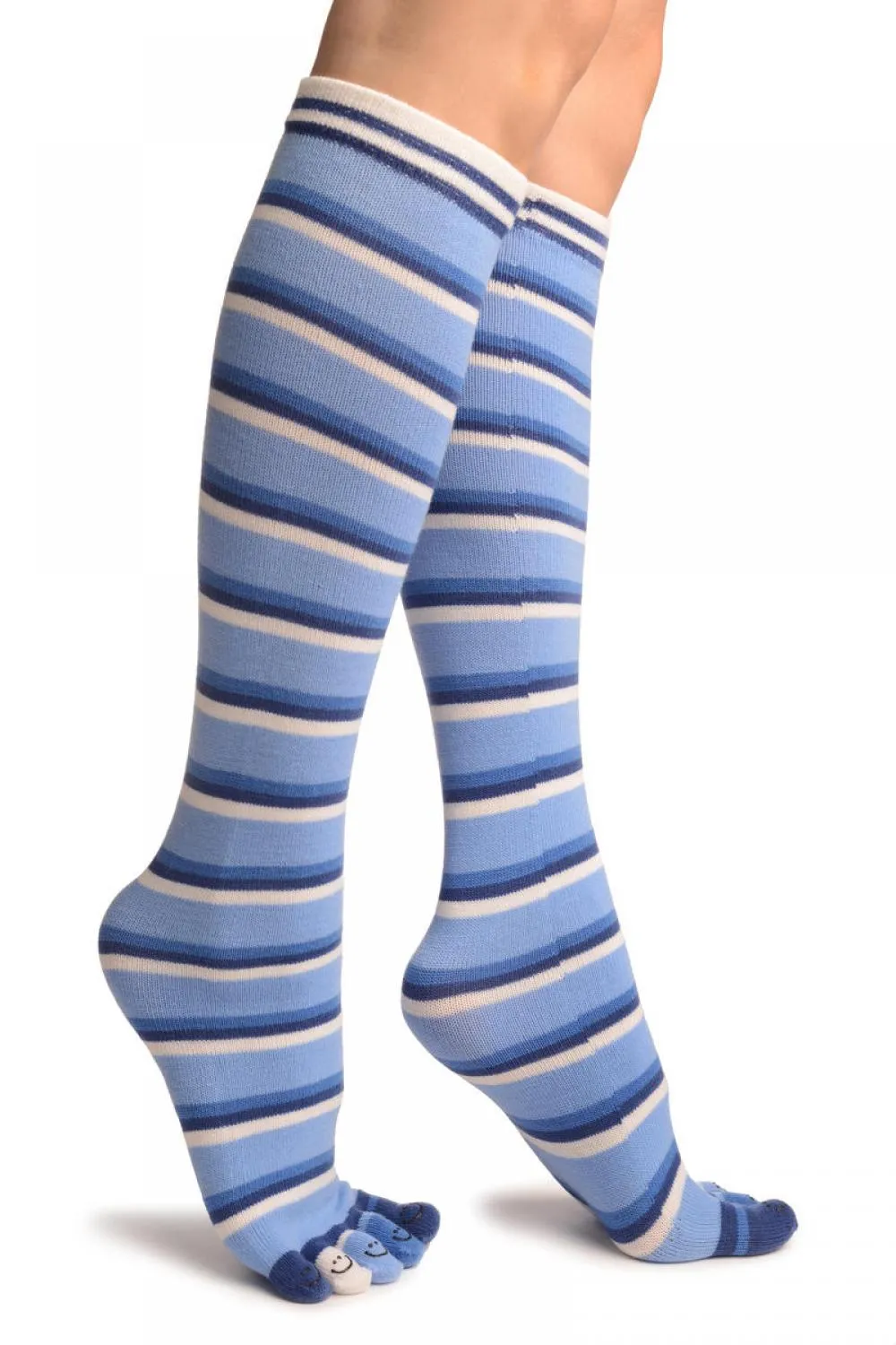 Blue & Dark Blue Stripes & Printed Smiles Knee High Toe Socks