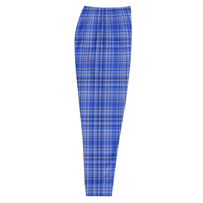 Blue Plaid Men's Joggers, Tartan Print Premium Casual Comfy Sweatpants - Made in EU