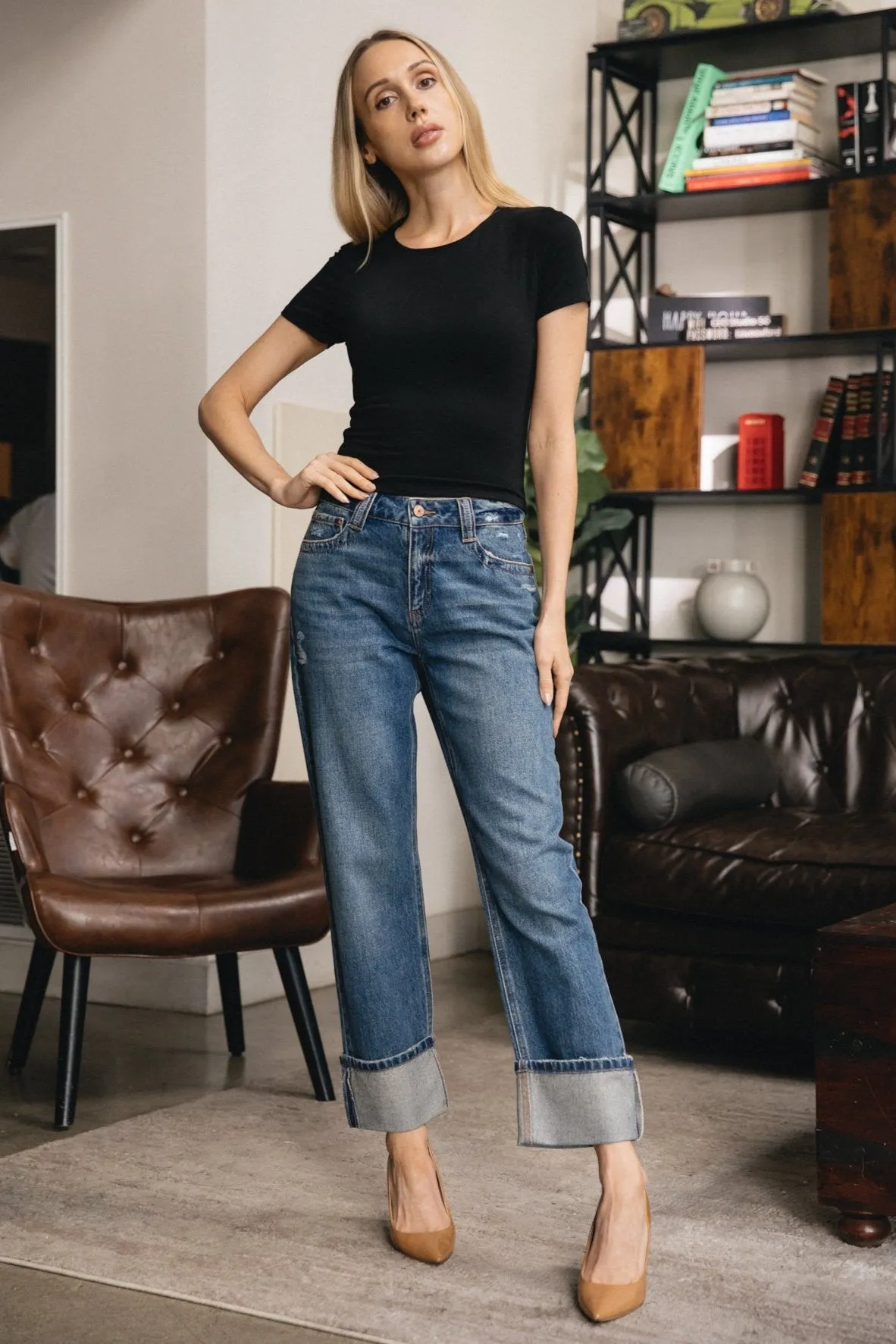 Cuffed Straight Ankle Jeans - Carbon Blue