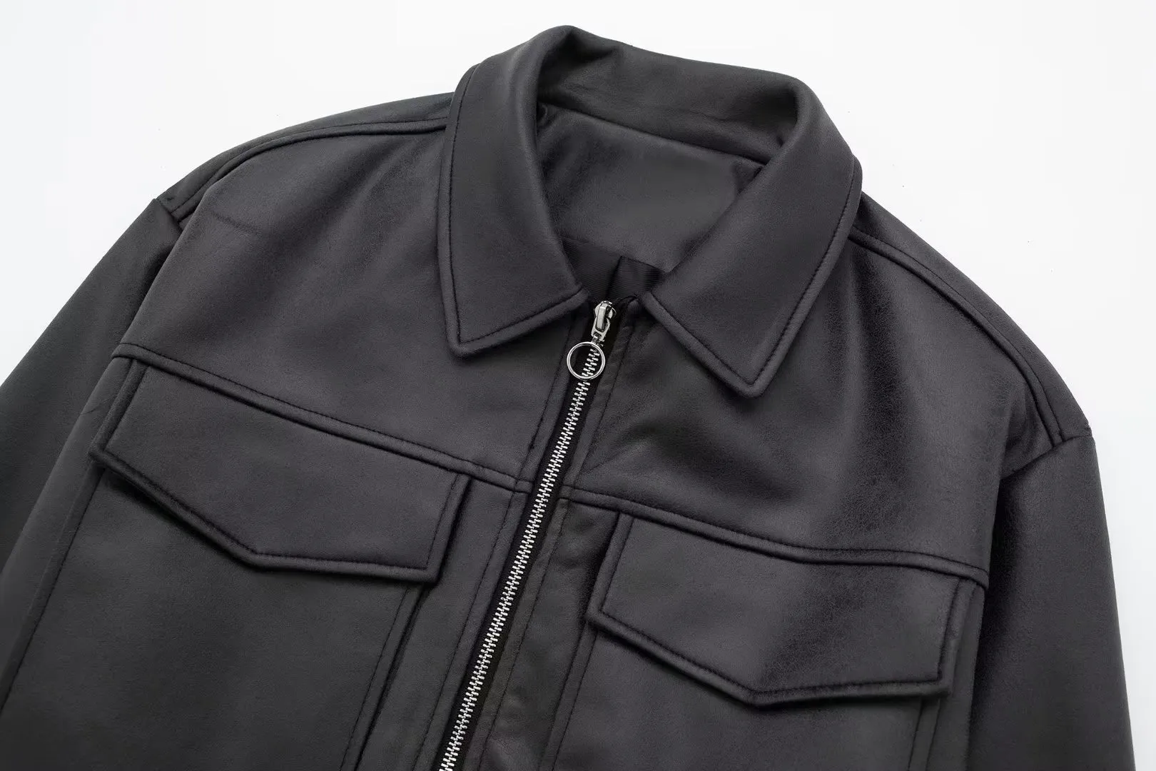 Faux Leather Zip Up Bomber Jacket