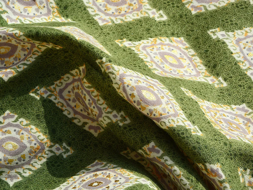 Forest Green Traditional Digital Printed Slub Cotton Fabric