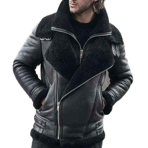 Men's Black B3 Classic Faux Shearling Bomber Leather Jacket