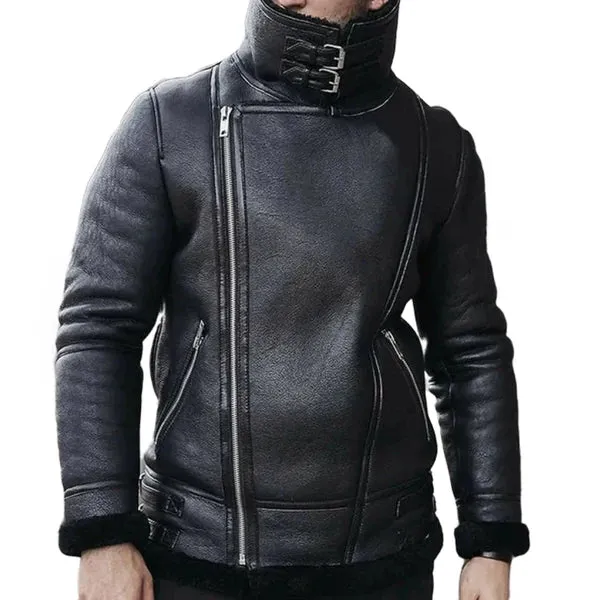 Men's Black B3 Classic Faux Shearling Bomber Leather Jacket