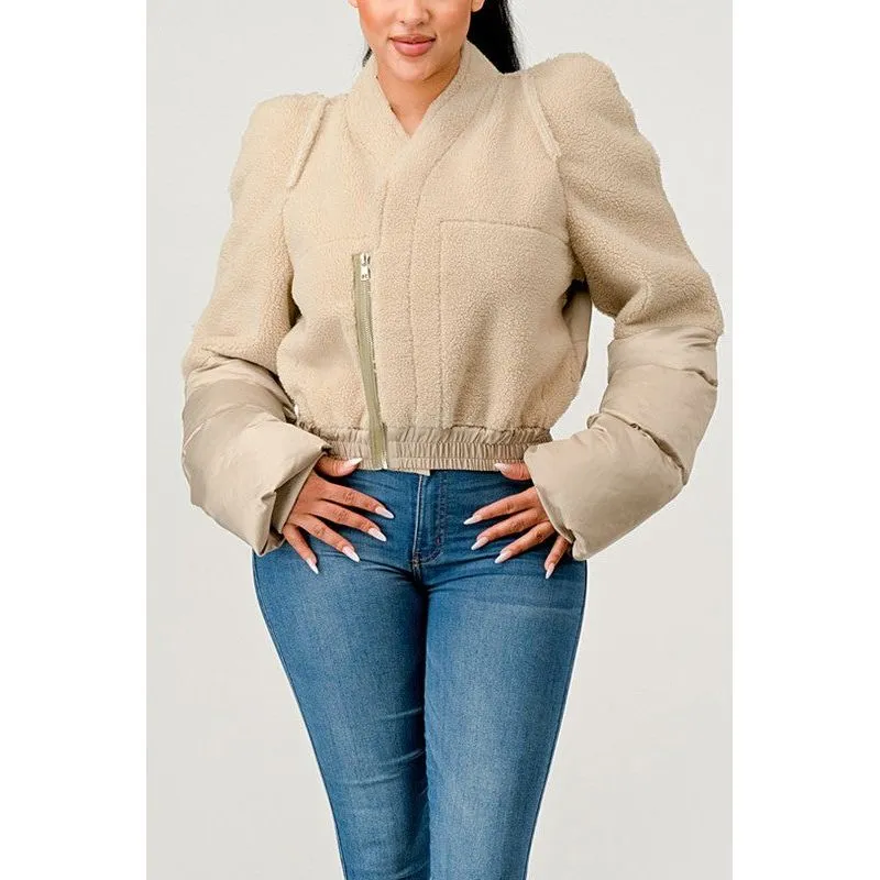 Plush Puff Sleeve Bomber Jacket