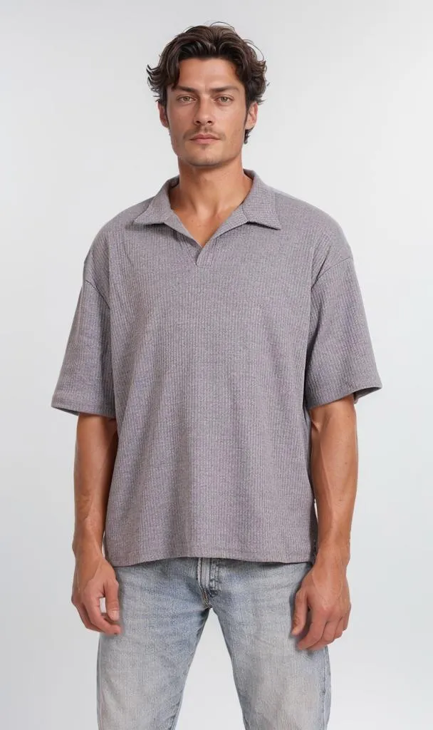 R205809 - Textured Polo Collar T-Shirt  Ash Grey