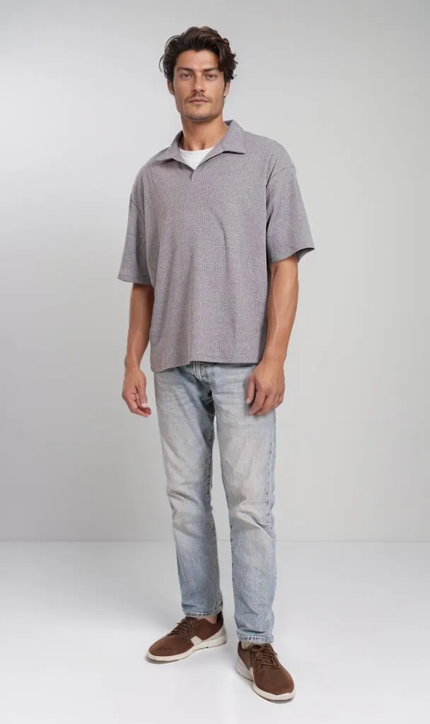 R205809 - Textured Polo Collar T-Shirt  Ash Grey
