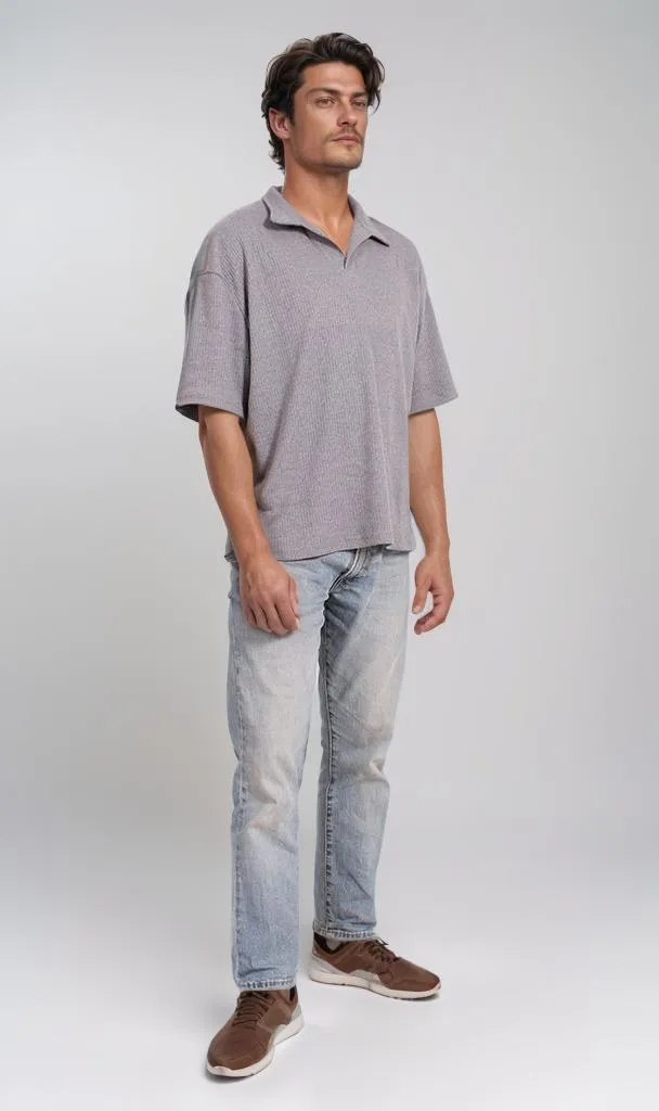 R205809 - Textured Polo Collar T-Shirt  Ash Grey