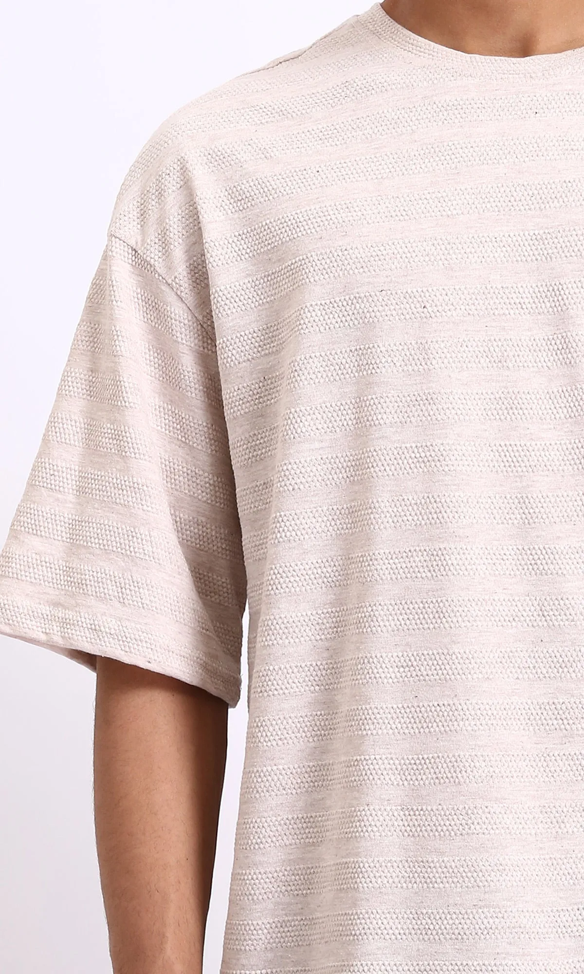 R208467 - Crew Neck Striped Cotton Tee - Beige