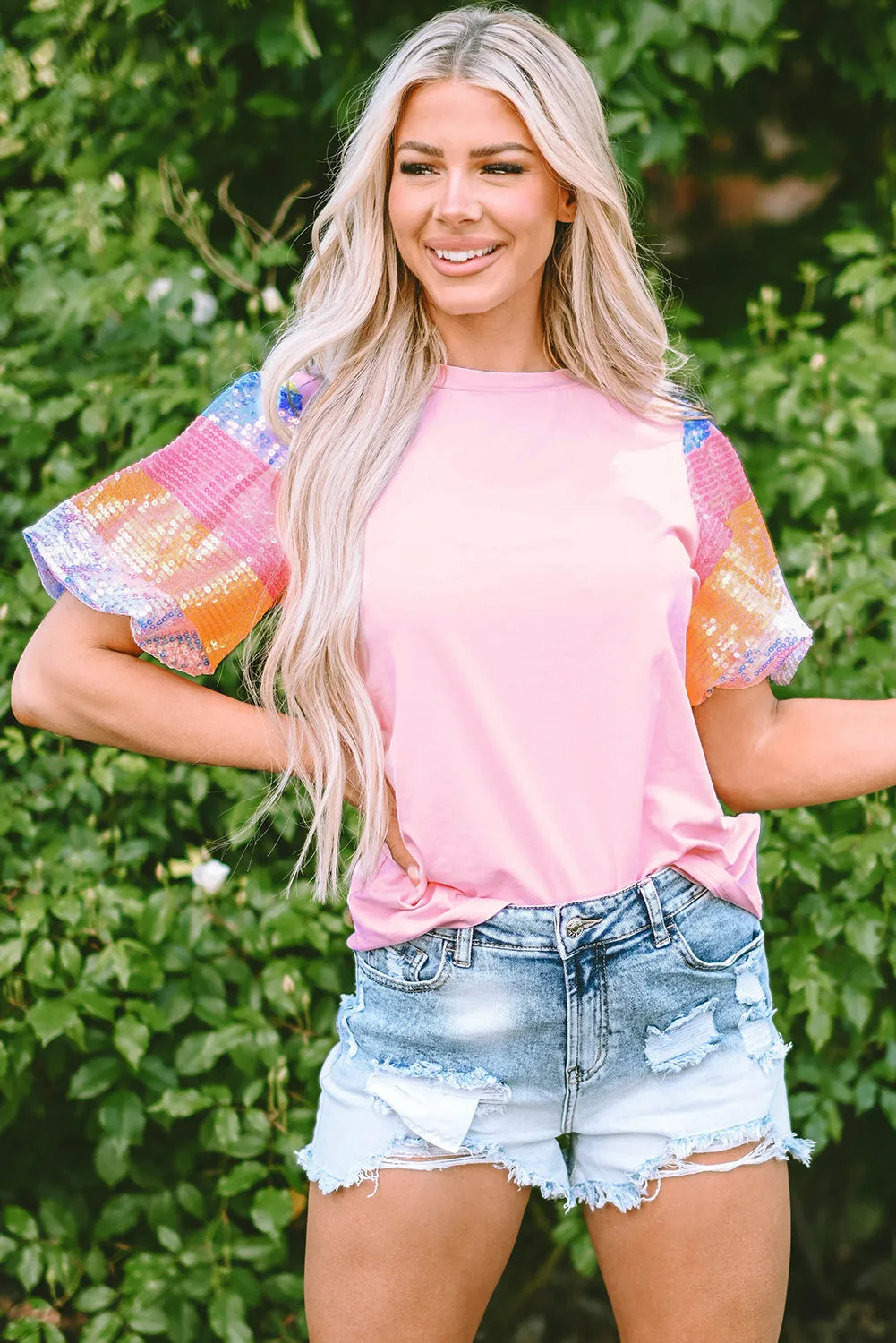 Sequin Striped Puff Sleeve Top
