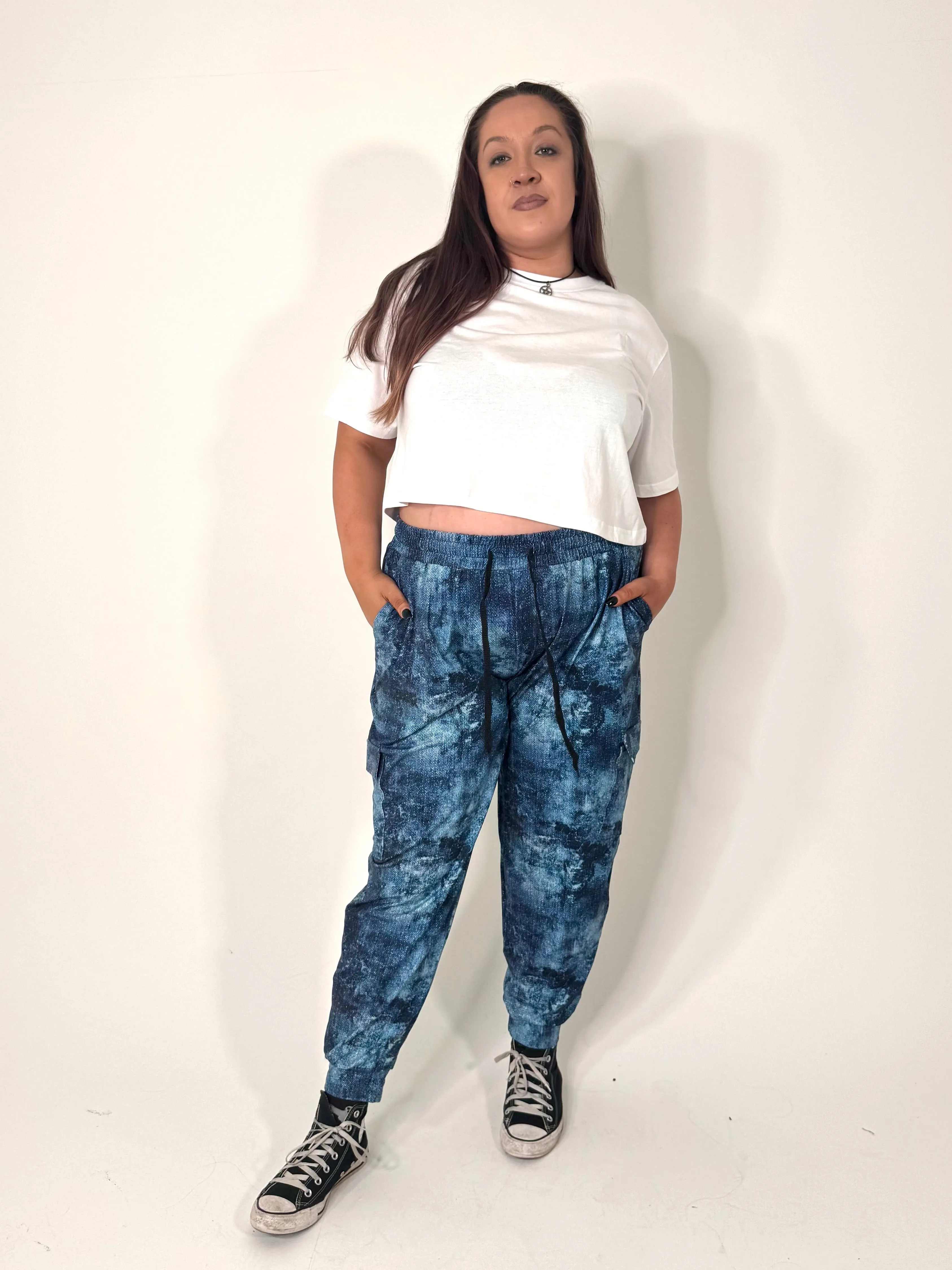 Stone-Washed Denim Look Super Soft Pocket Cargo Joggers