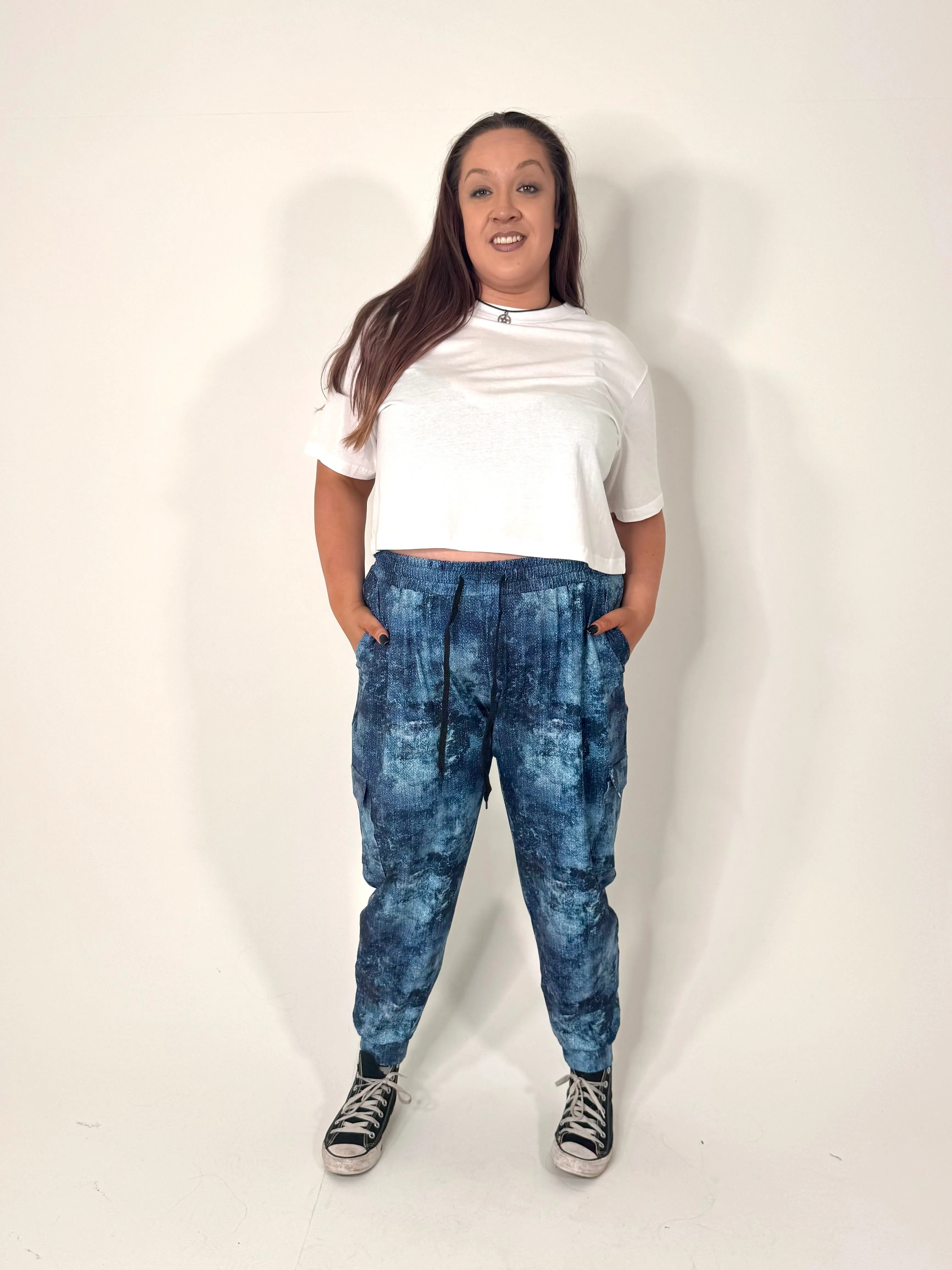 Stone-Washed Denim Look Super Soft Pocket Cargo Joggers