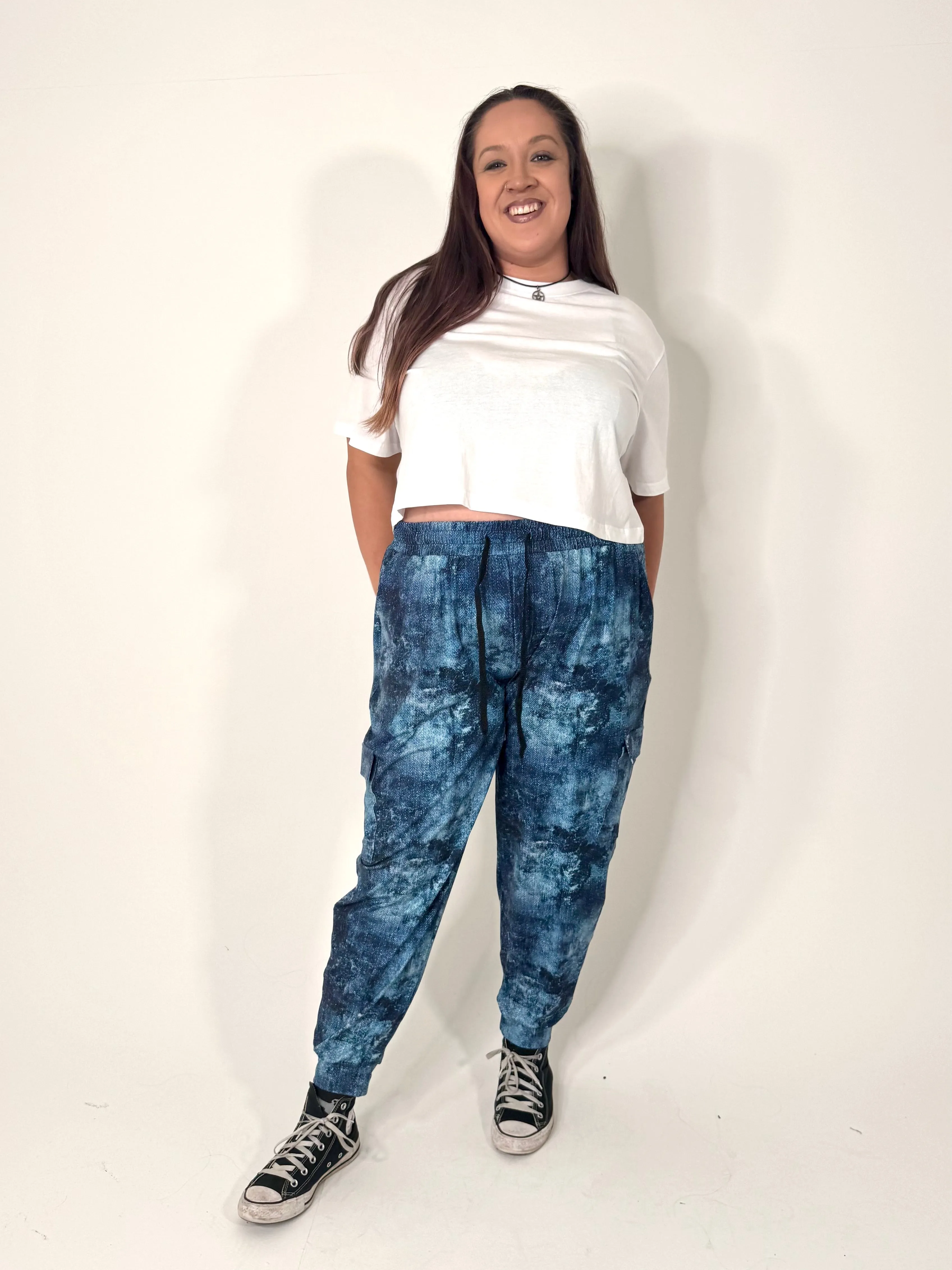 Stone-Washed Denim Look Super Soft Pocket Cargo Joggers