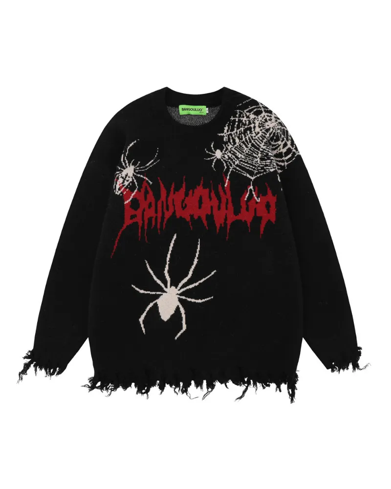 Streetwear Spider Knitted Fringe Crewneck Sweater