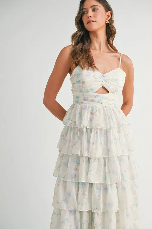 SWEETHEART NECKLINE RUFFLE TIERED MIDI DRESS