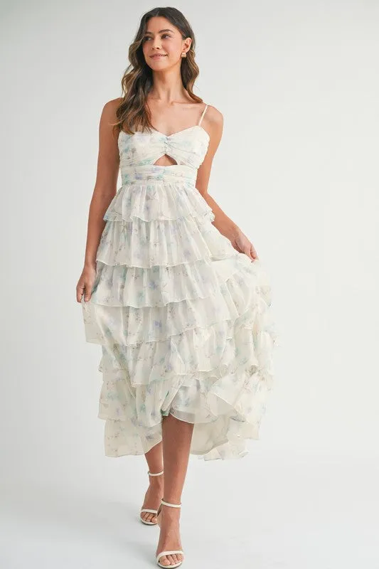 SWEETHEART NECKLINE RUFFLE TIERED MIDI DRESS