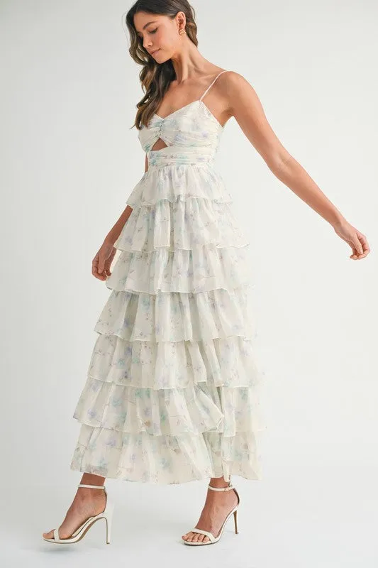 SWEETHEART NECKLINE RUFFLE TIERED MIDI DRESS