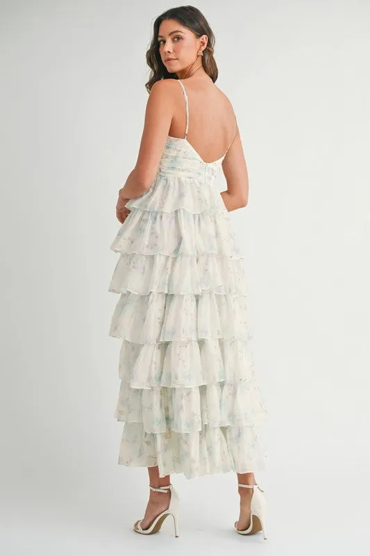 SWEETHEART NECKLINE RUFFLE TIERED MIDI DRESS