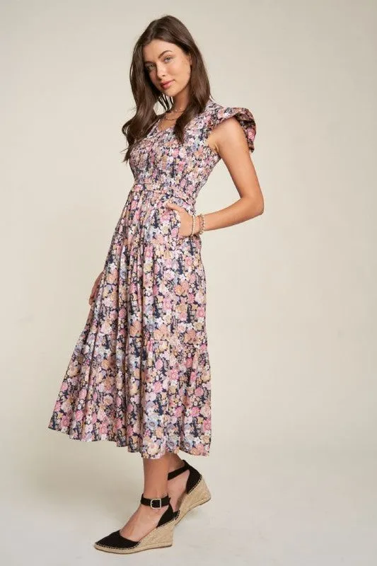 Vintage Garden Floral Flutter Sleeve Smocked Midi Dress