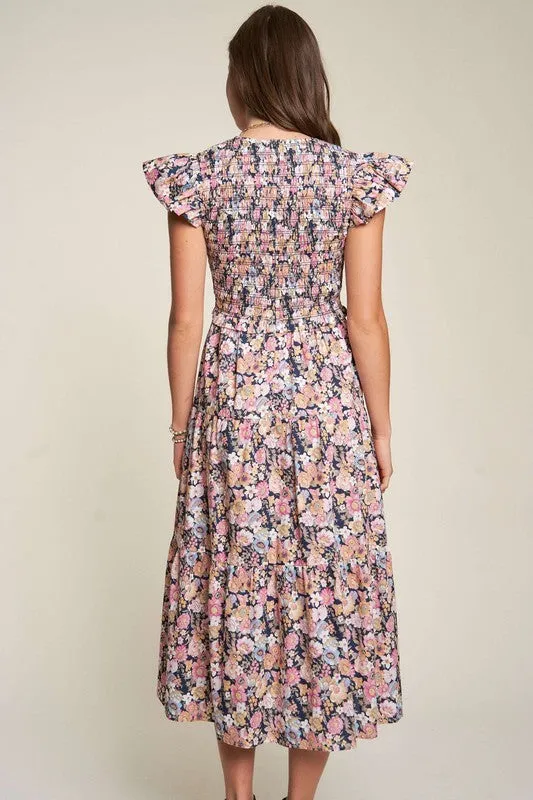 Vintage Garden Floral Flutter Sleeve Smocked Midi Dress