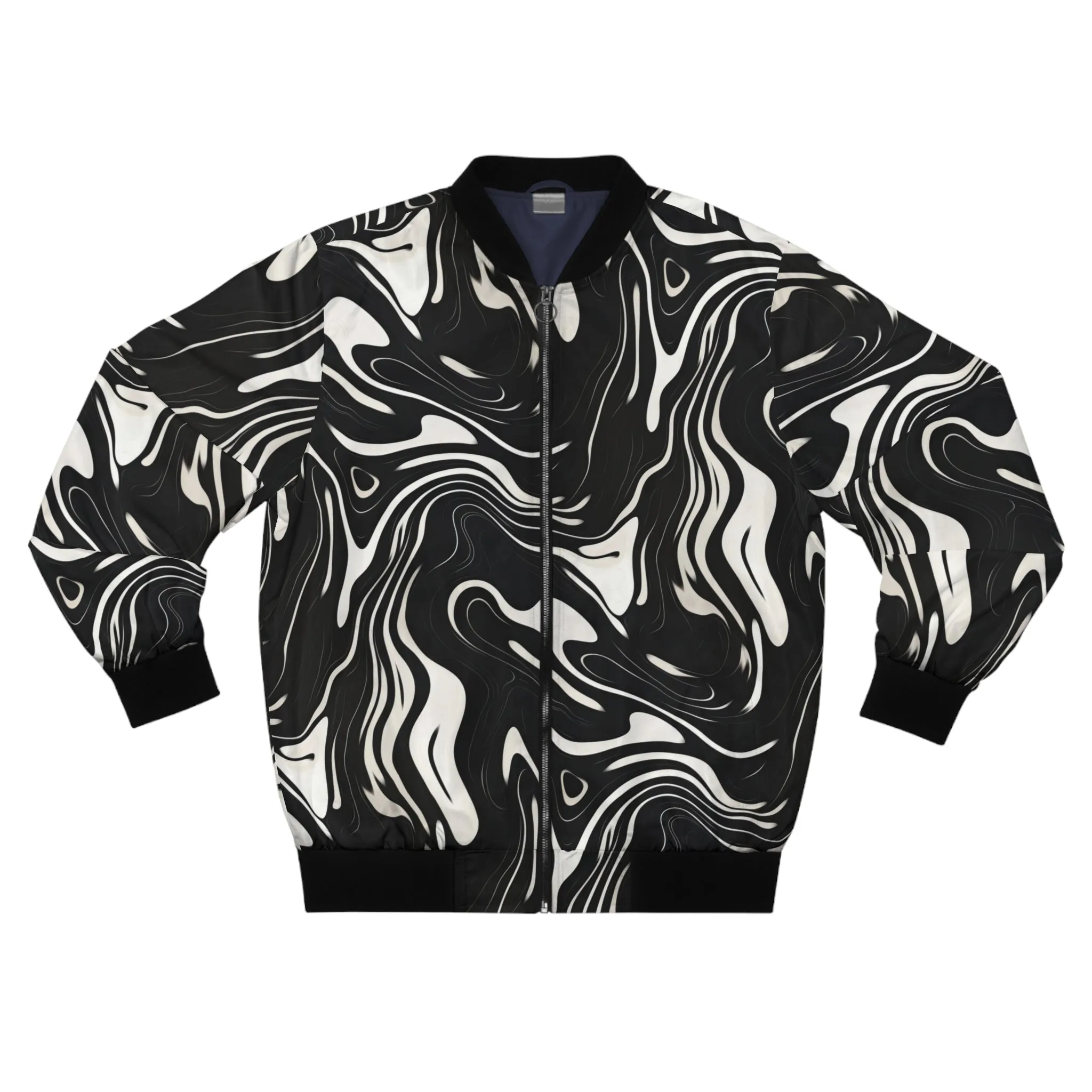 Wavy Black and White floating Ink Pattern Lightweight Bomber Jacket