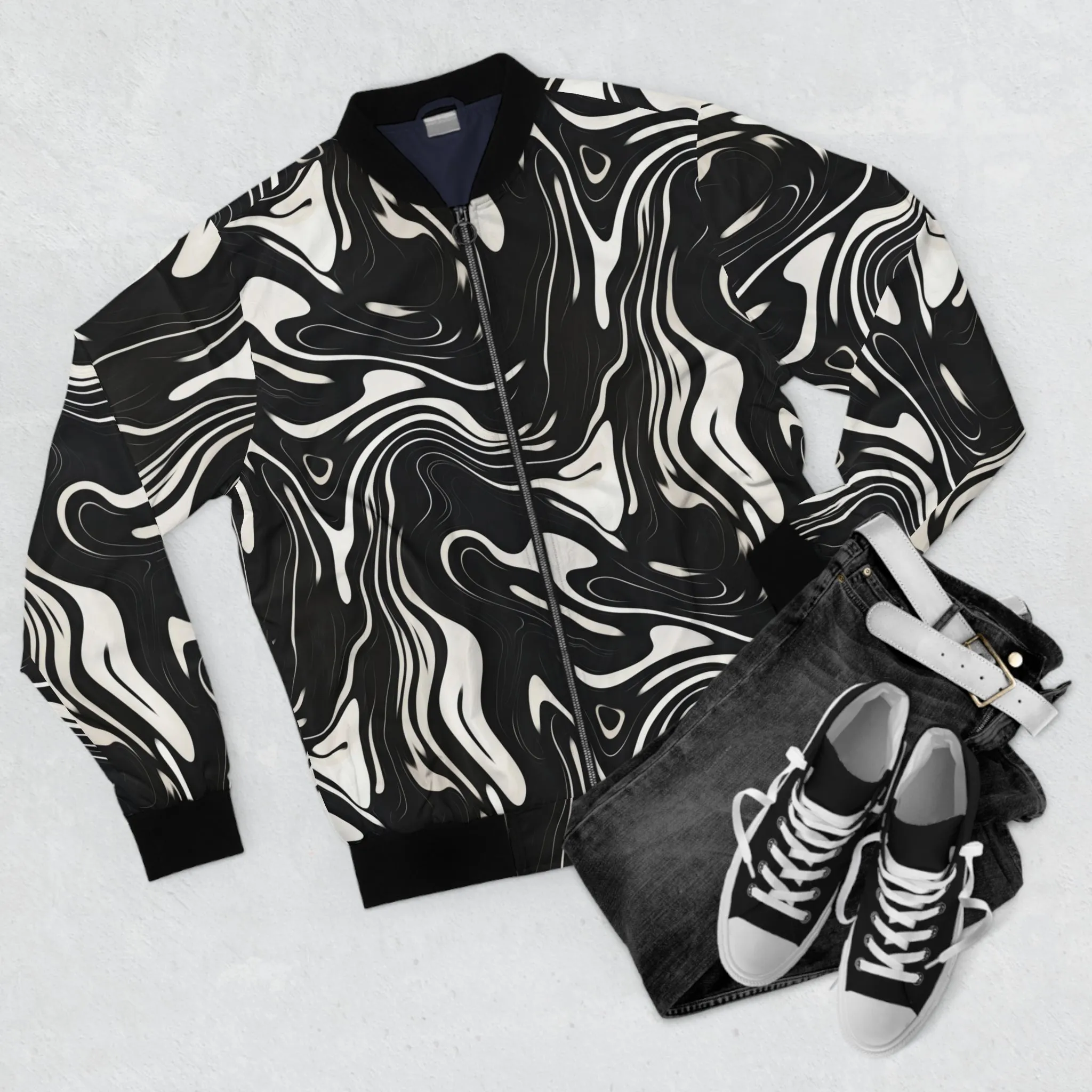 Wavy Black and White floating Ink Pattern Lightweight Bomber Jacket