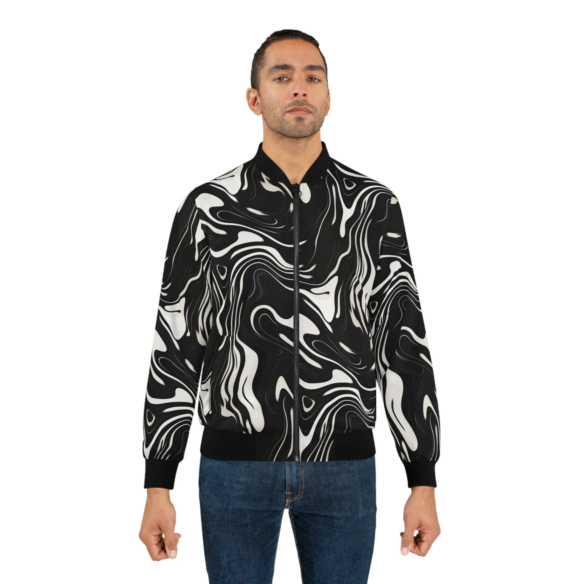 Wavy Black and White floating Ink Pattern Lightweight Bomber Jacket