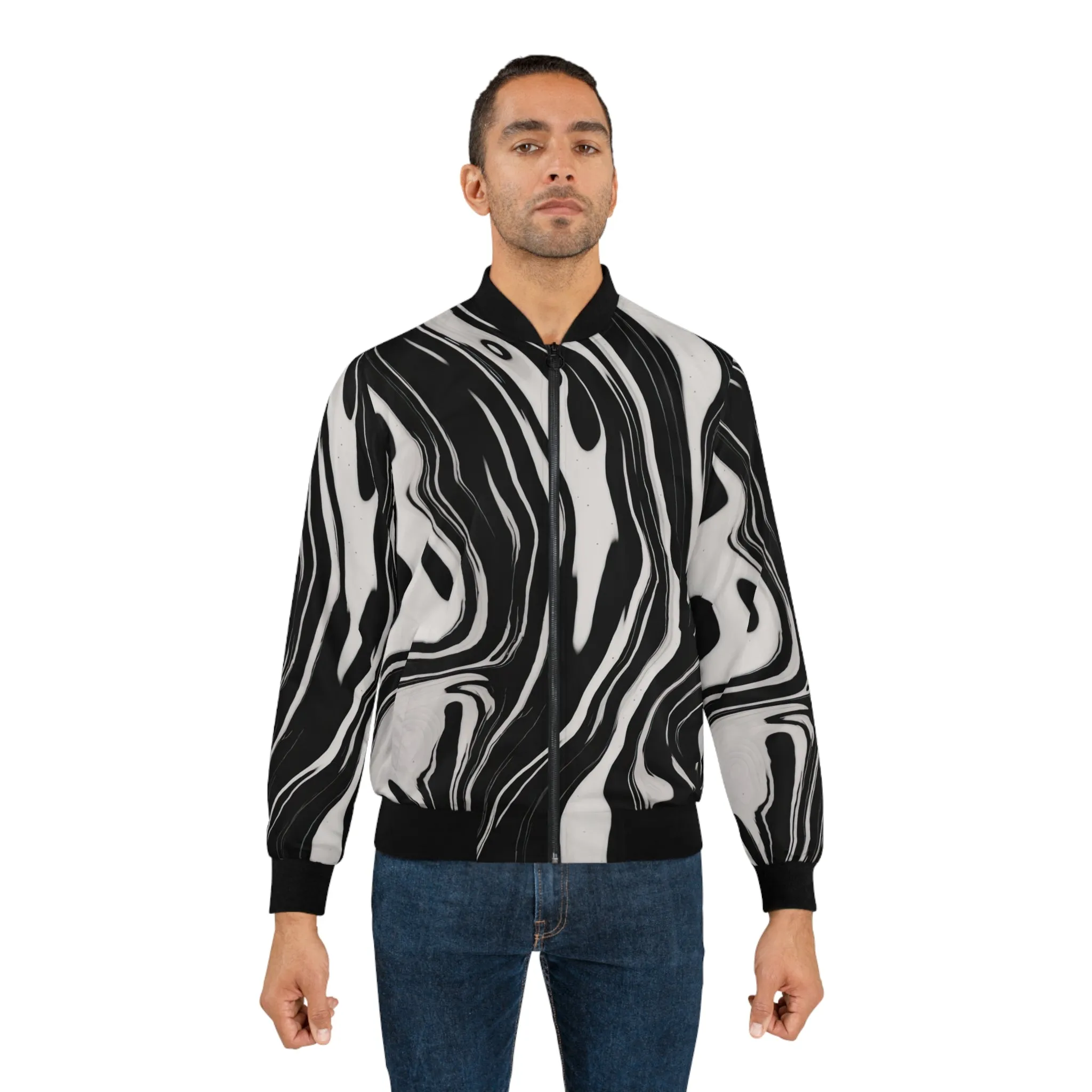 Wavy Black and White Ink Pattern Lightweight Bomber Jacket