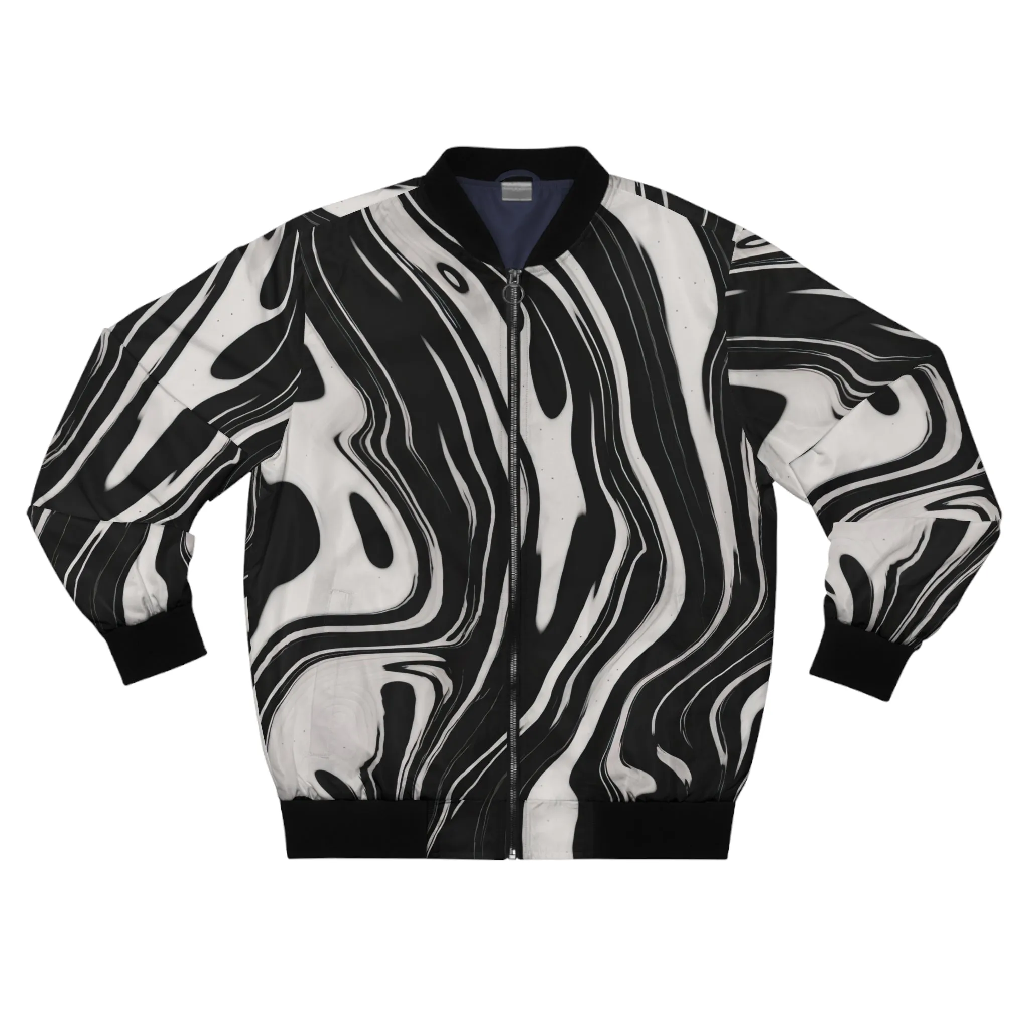Wavy Black and White Ink Pattern Lightweight Bomber Jacket